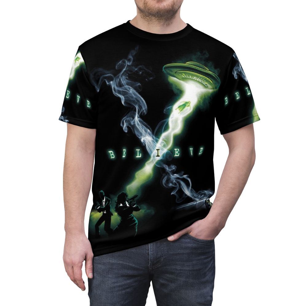 X-Files inspired t-shirt design featuring alien and UFO imagery - men front