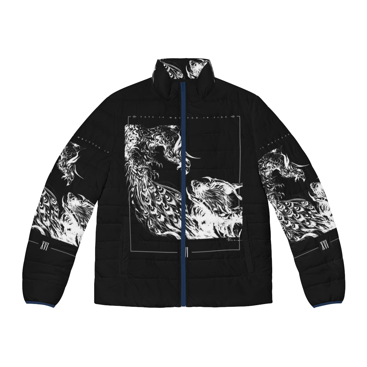 Final Fantasy XVI Monochrome Puffer Jacket featuring Clive Rosfield, Ifrit, and Phoenix