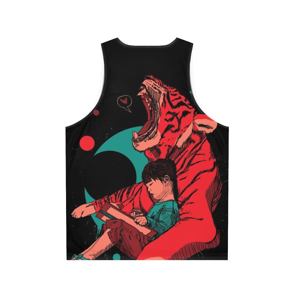 Unisex fantasy graphic tank top featuring a tiger and girl - Back