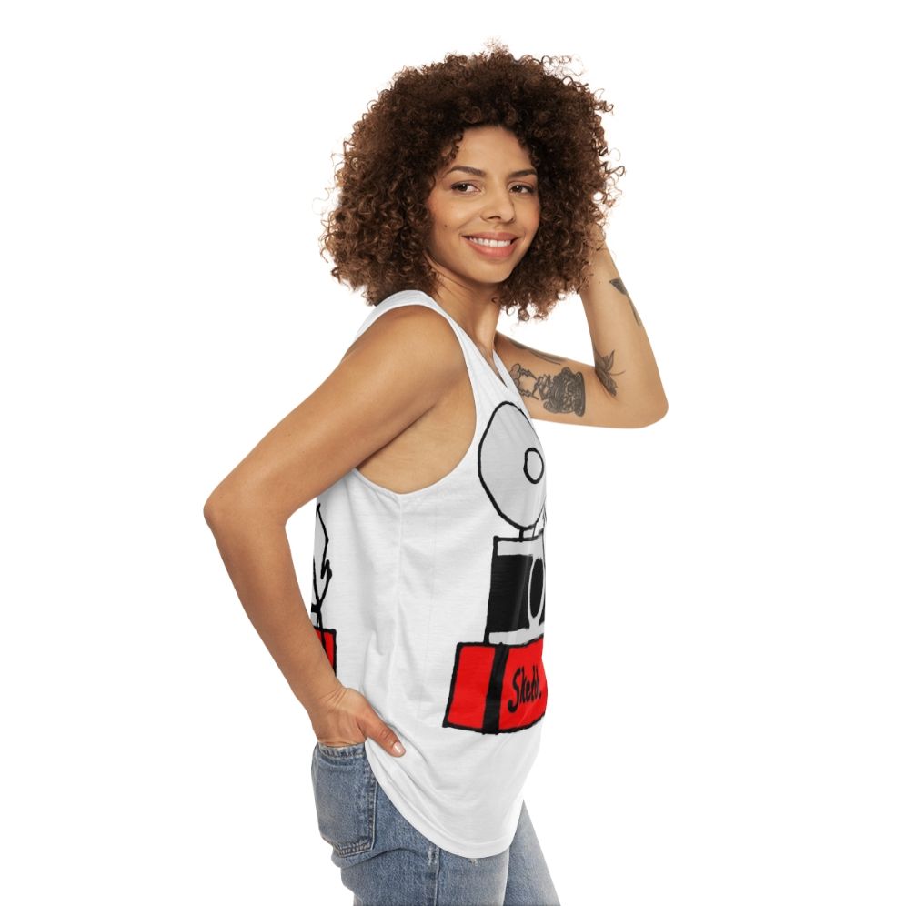 Hobbies Unisex Tank Top with Sketch, Sketchbook, and Camera Designs - women side