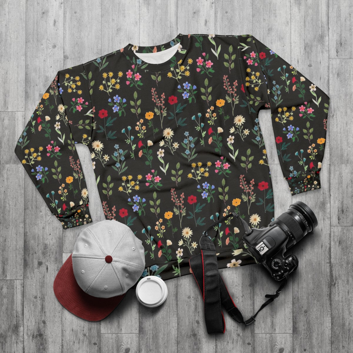 Spring botanical floral pattern sweatshirt - flat lay