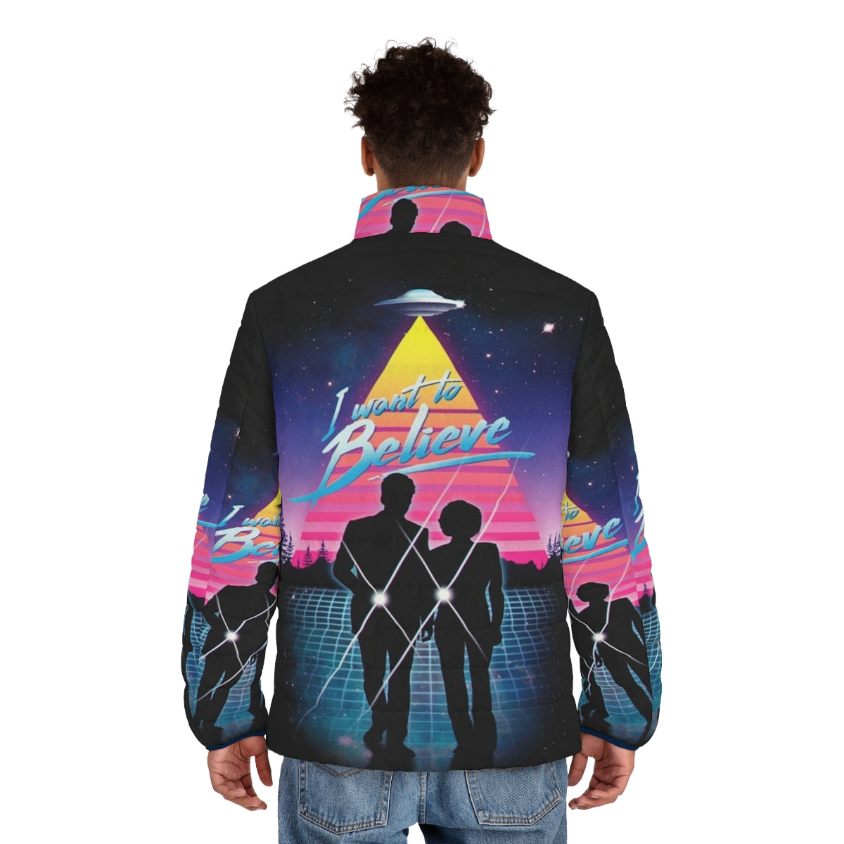 "I Want to Believe" Puffer Jacket featuring a retro sci-fi aesthetic - men back