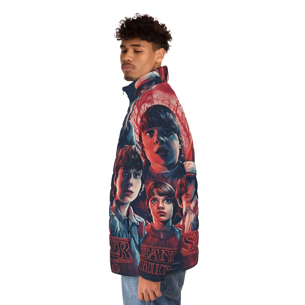 Stranger Things inspired puffer jacket featuring characters and elements from the popular sci-fi/horror series - men side left