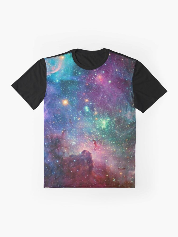 A colorful graphic t-shirt featuring a galaxy design with planets, stars, and cosmic elements. - Flat lay