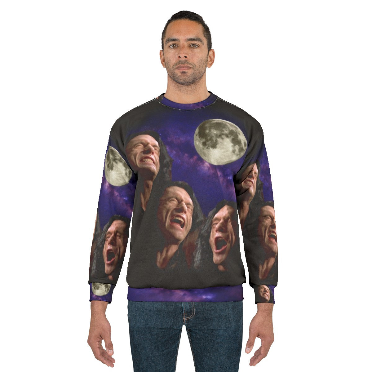 Three Wiseau Moon Sweatshirt with Tommy Wiseau, The Room, and Disaster Artist Meme Design - men