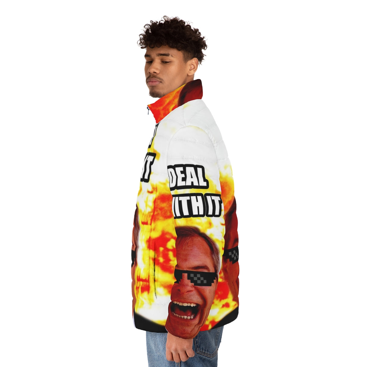 Nigel Farage wearing a puffer jacket with the text "Deal With It" - men side left