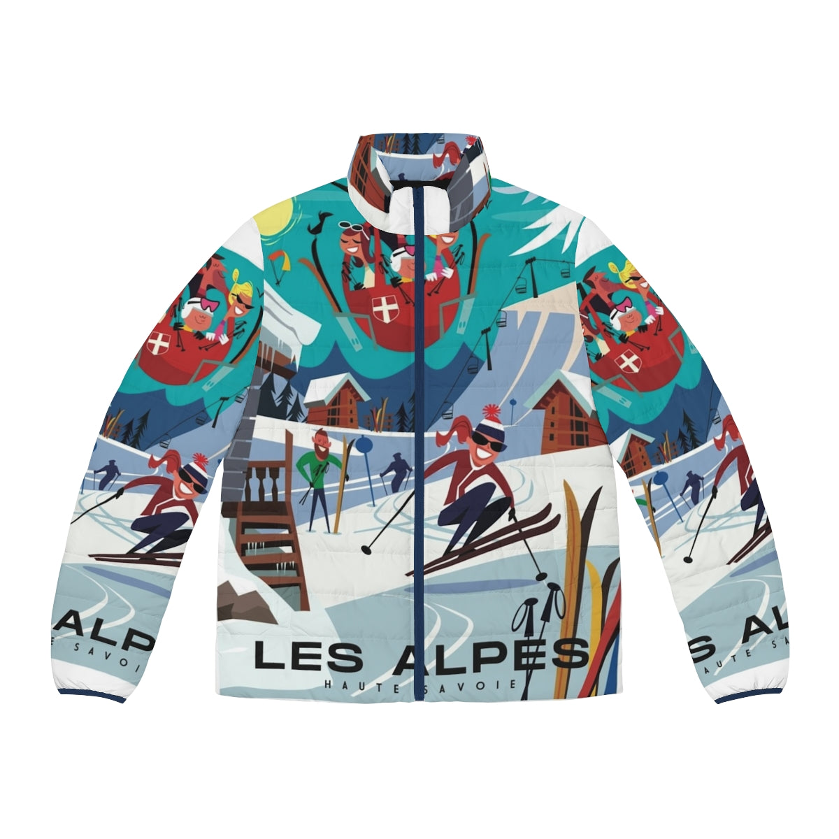 Retro Les Alpes ski poster puffer jacket featuring alpine mountains, skiing, and chalet lifestyle