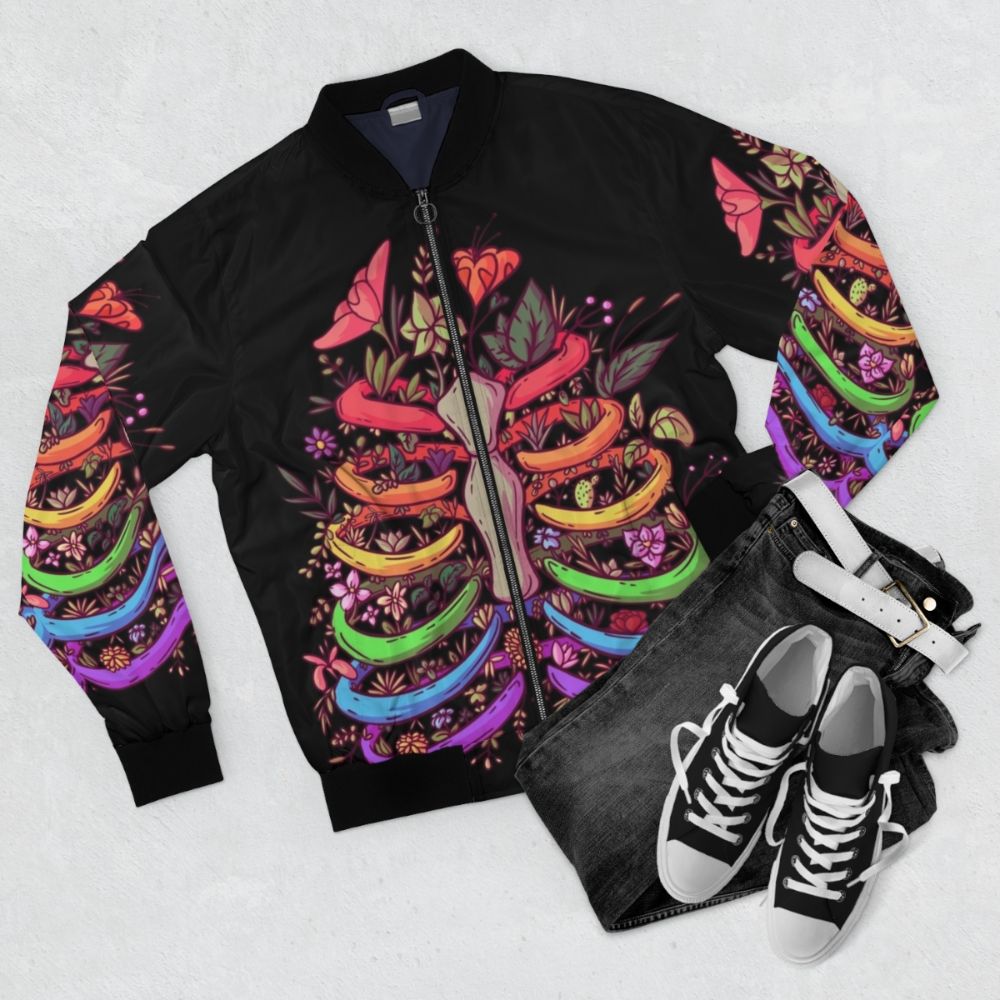 Colorful flower rib bomber jacket with LGBT pride flag design - Flat lay