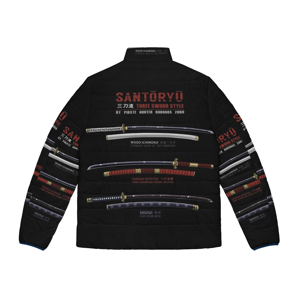 One Piece Zoro Santoryu Puffer Jacket with Katanas - Back