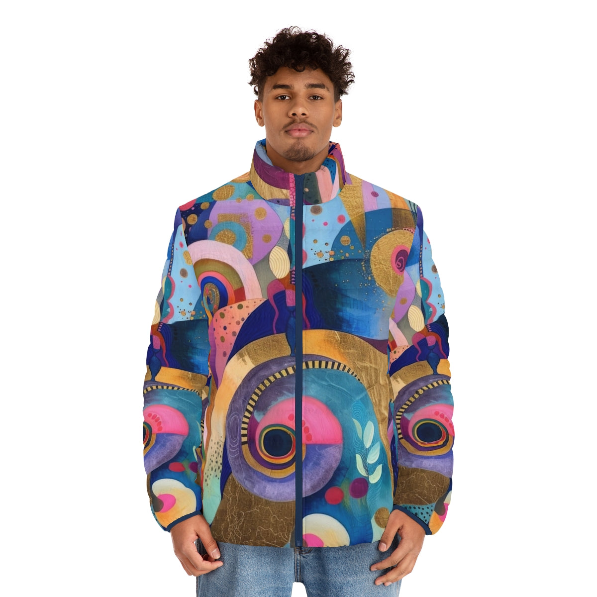 Vibrant tropical garden puffer jacket with abstract shapes and patterns - men front