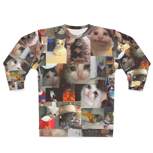 Crying cat meme printed on a cozy sweatshirt