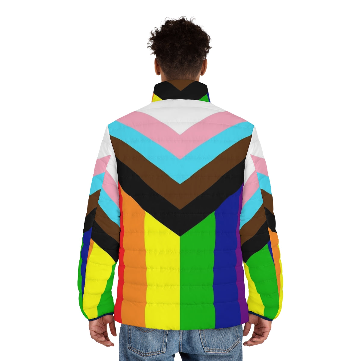 Progressive Pride Flag Puffer Jacket with rainbow colors - men back