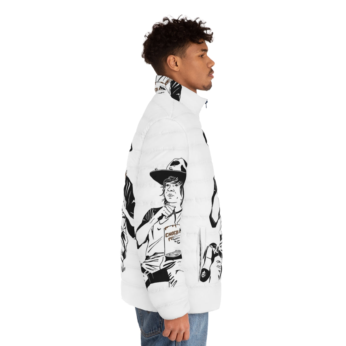 Pudding Carl Fanart Puffer Jacket, featuring a line art design of The Walking Dead character Carl Grimes - men side right