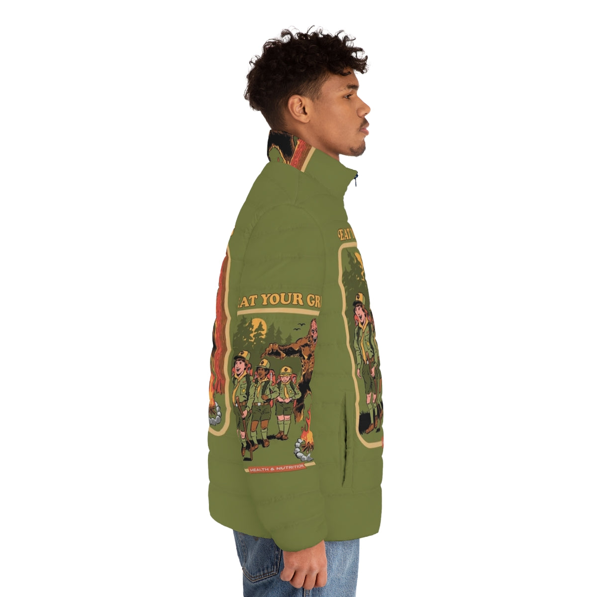 Eat Your Greens 2 - Vintage-style puffer jacket with big foot monster graphic - men side right