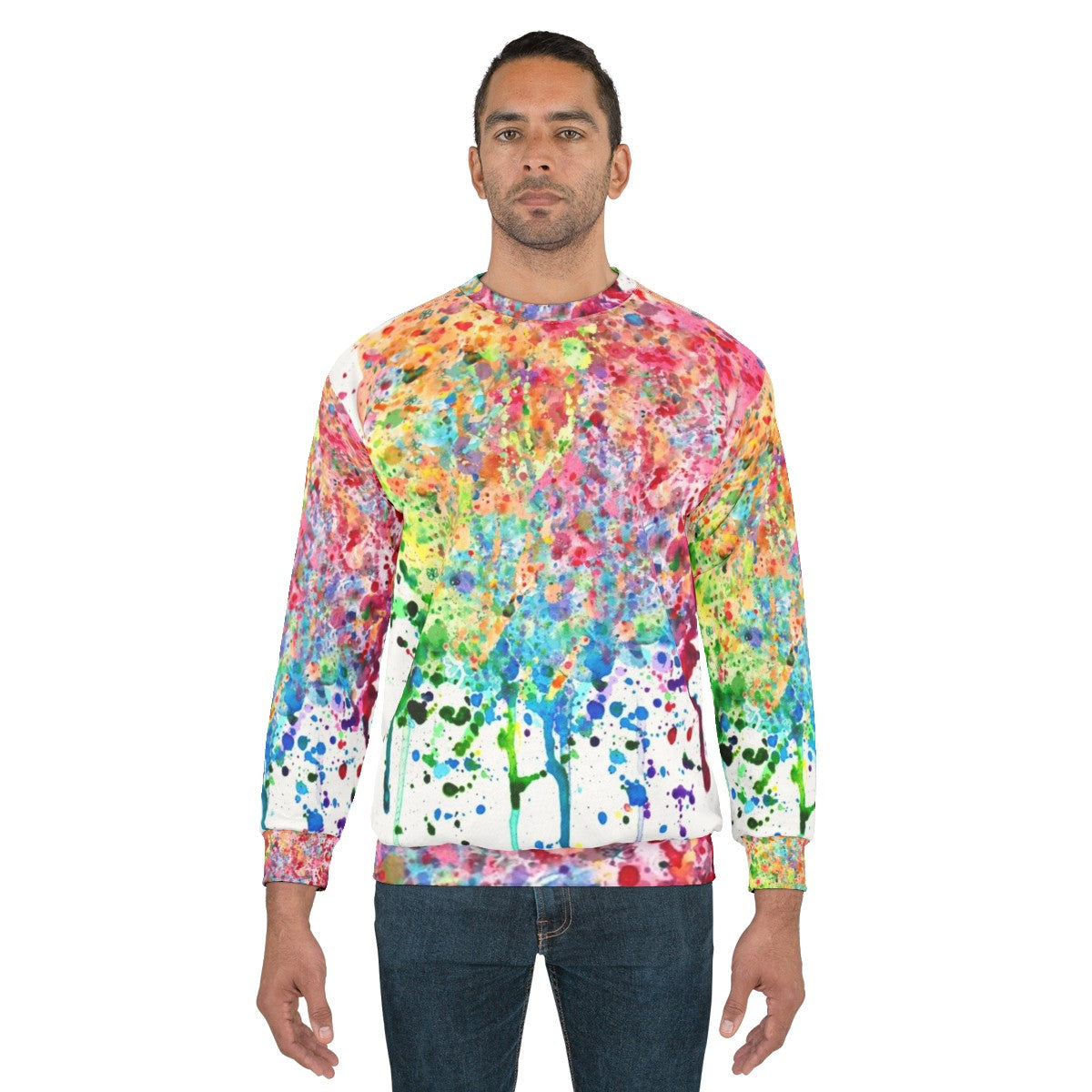 Colorful rainbow paint splatter drip design on a sweatshirt - men