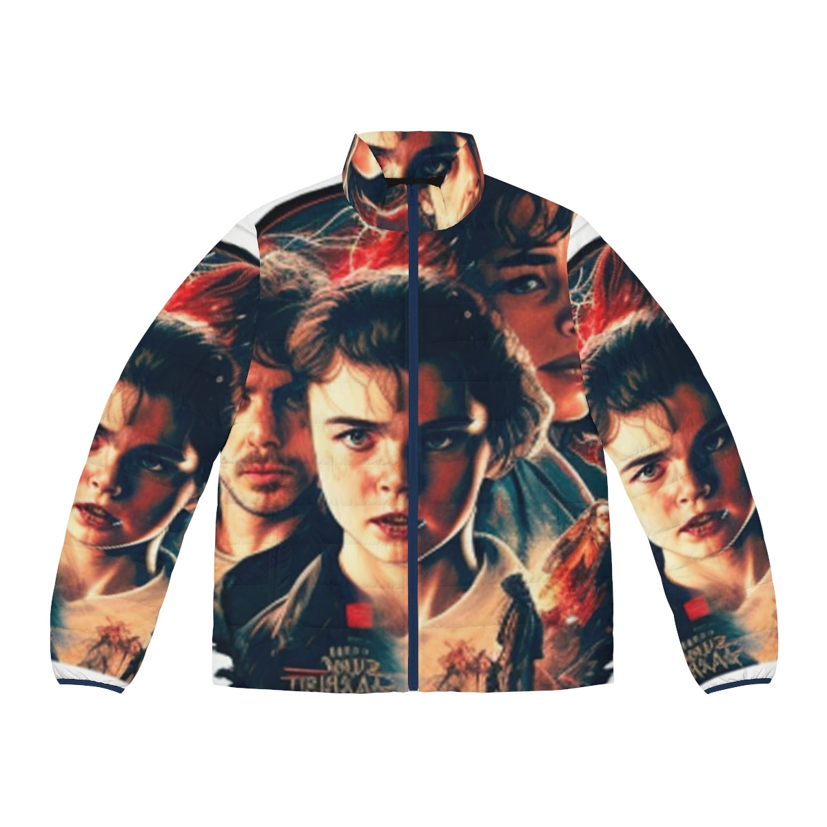 Stranger Things inspired retro puffer jacket with 80s sci-fi design