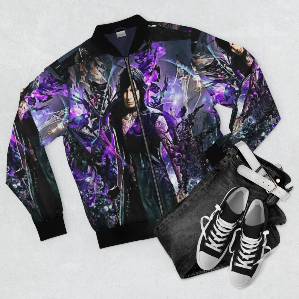 Devil May Cry 5 V Bomber Jacket featuring characters Dante, Nero, and Vergil - Flat lay