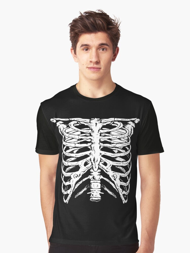 Punk horror graphic tee with skeleton ribcage design - Men