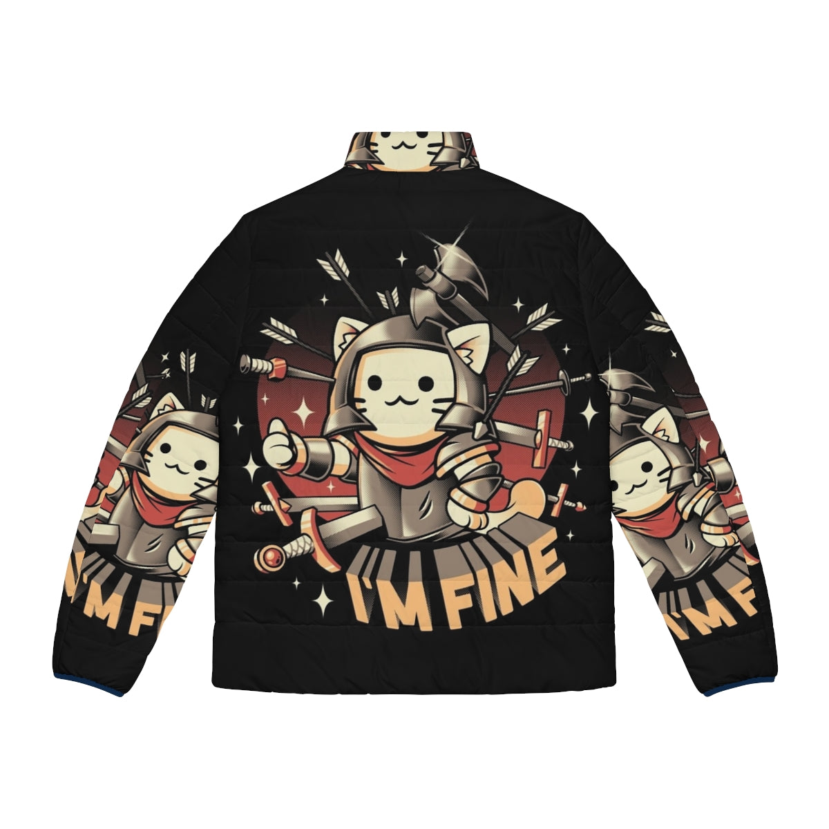 Cute "I'm Fine" puffer jacket with cat knight design for anime and manga lovers - Back