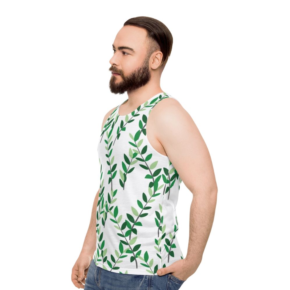 Unisex tank top with a botanical zz plant leaves design - men side