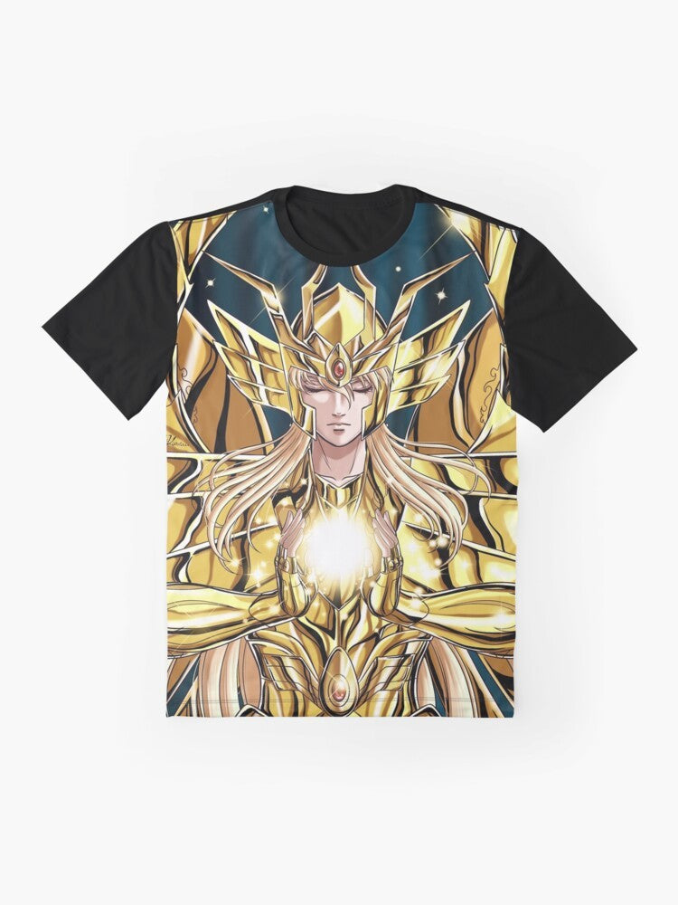 Virgo Shaka from the anime Saint Seiya wearing a distinctive graphic design t-shirt - Flat lay