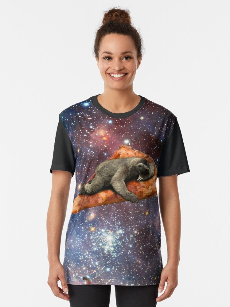 A graphic t-shirt featuring a pizza sloth floating in the galaxy - Women