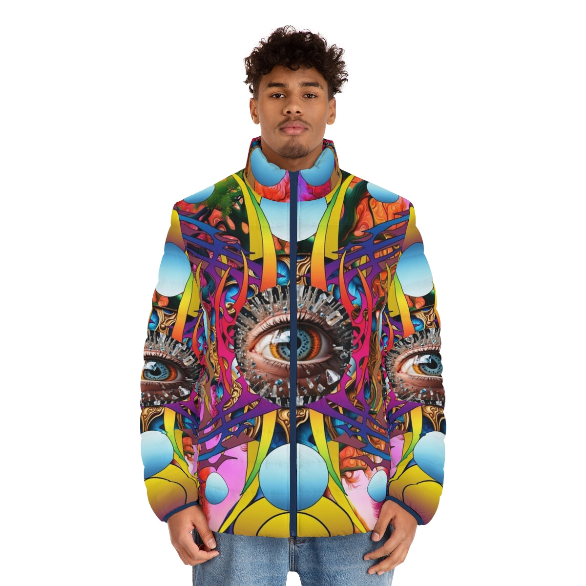 Cosmic Tree Puffer Jacket with abstract, psychedelic nature design - men front