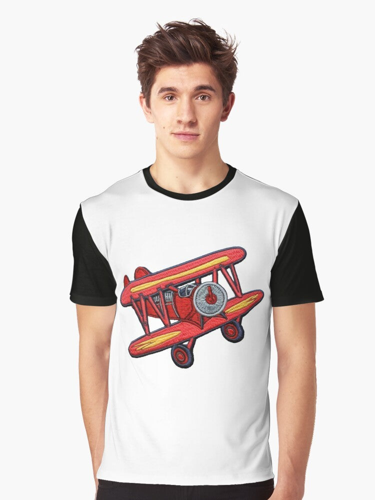 Embroidered airplane graphic t-shirt featuring a crop duster plane and pilot's patch design - Men