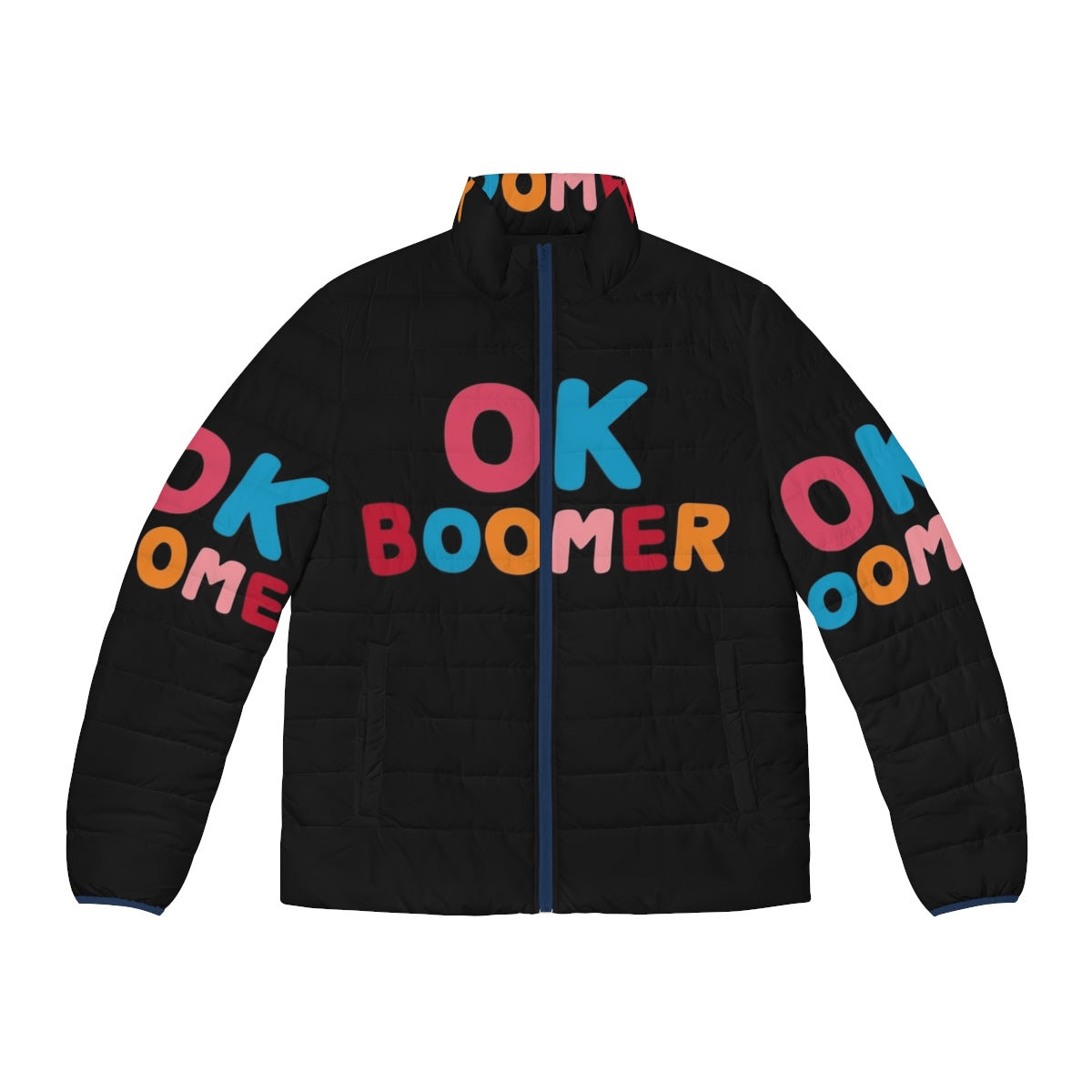 A vibrant "Ok Boomer" puffer jacket featuring bold typography and colorful graphic prints.