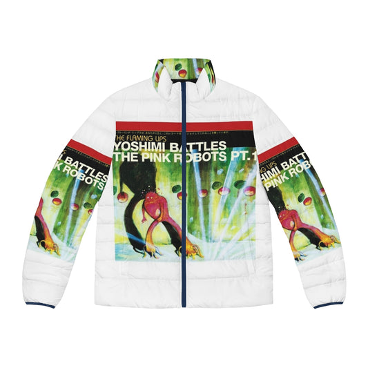 Yoshimi Battles The Pink Robots Puffer Jacket featuring a pop culture design inspired by the Flaming Lips album