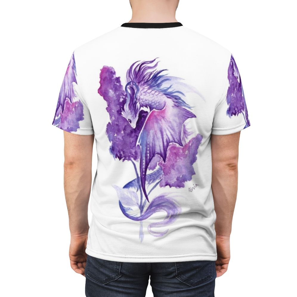 Watercolor illustration of a lilac flower dragon on a t-shirt - men back