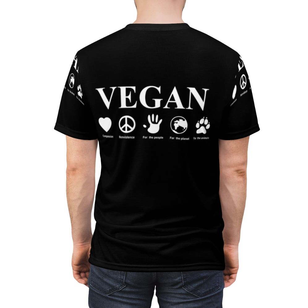 Compassionate vegan t-shirt with a message of kindness towards animals and the planet - men back