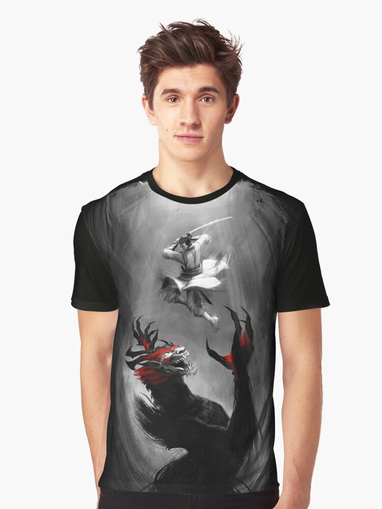 Samurai Jack Showdown Graphic T-Shirt featuring a battle between Samurai Jack and the demon Aku - Men