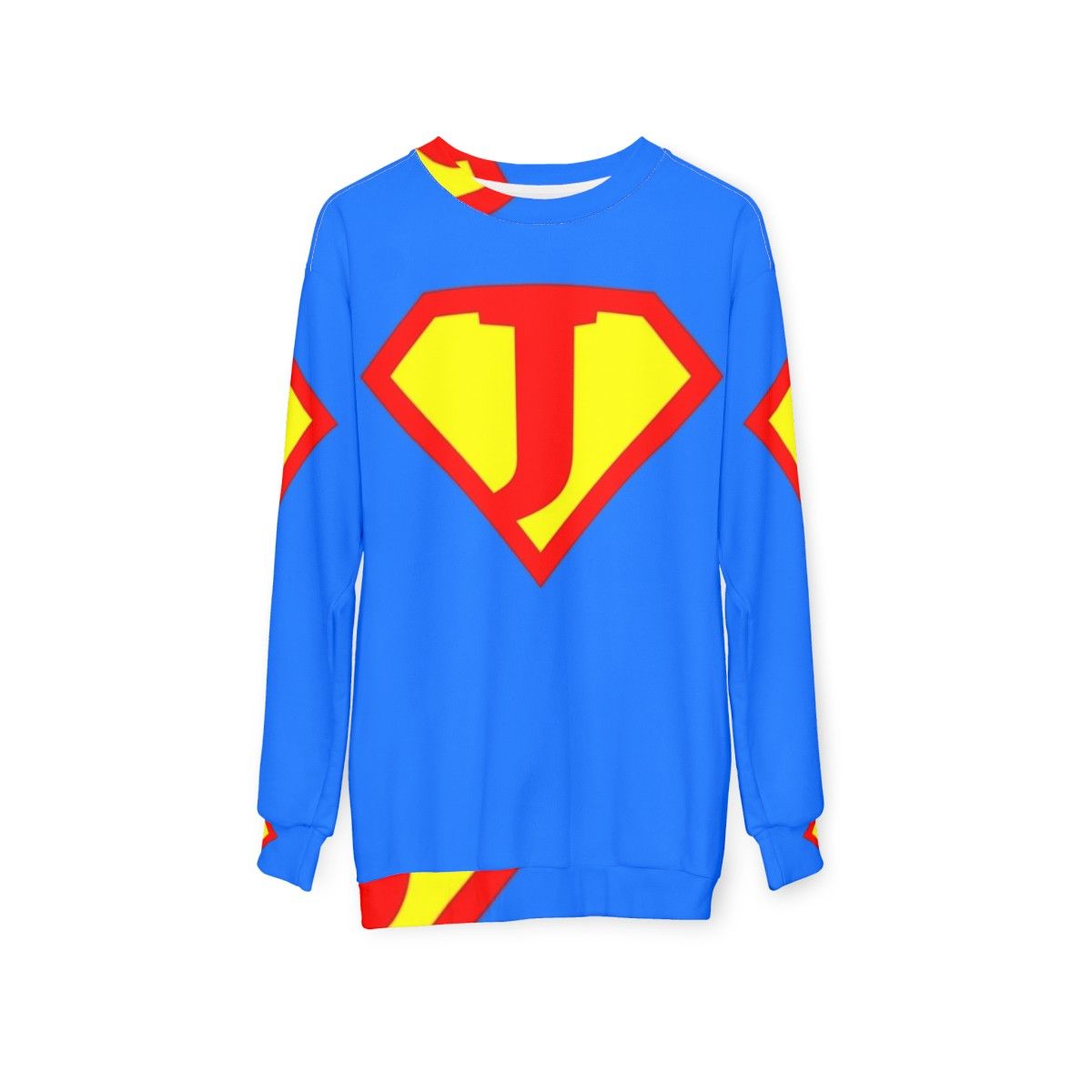 Letter J Sweatshirt with Superhero Graphic Design - hanging