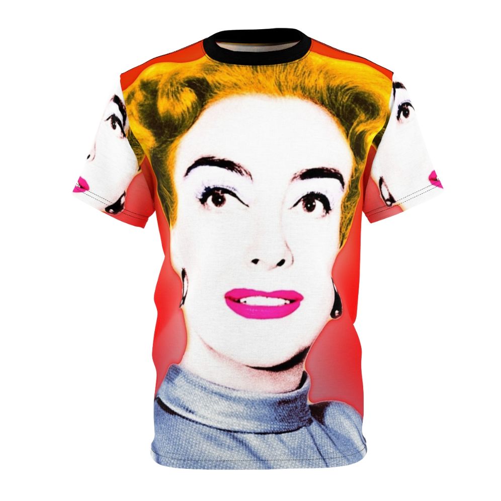 A high-quality all-over print t-shirt featuring a purple and white design inspired by the classic Hollywood star Joan Crawford.