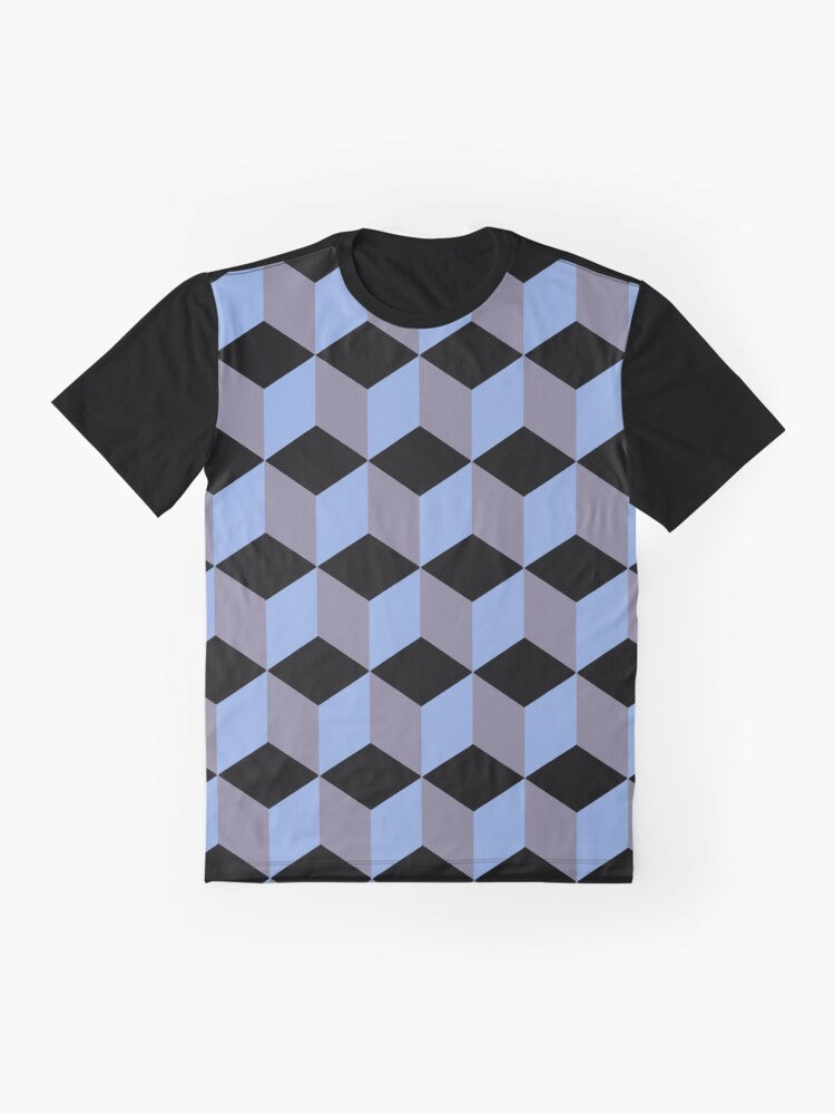 Isometric geometric art graphic t-shirt with blue, lilac, and black isometric cube pattern - Flat lay