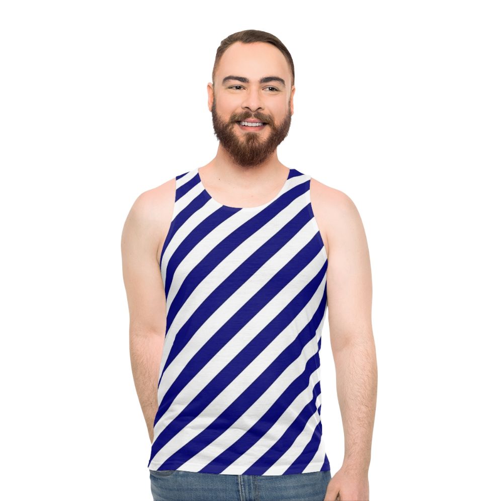 Blue and white diagonal striped unisex tank top - men