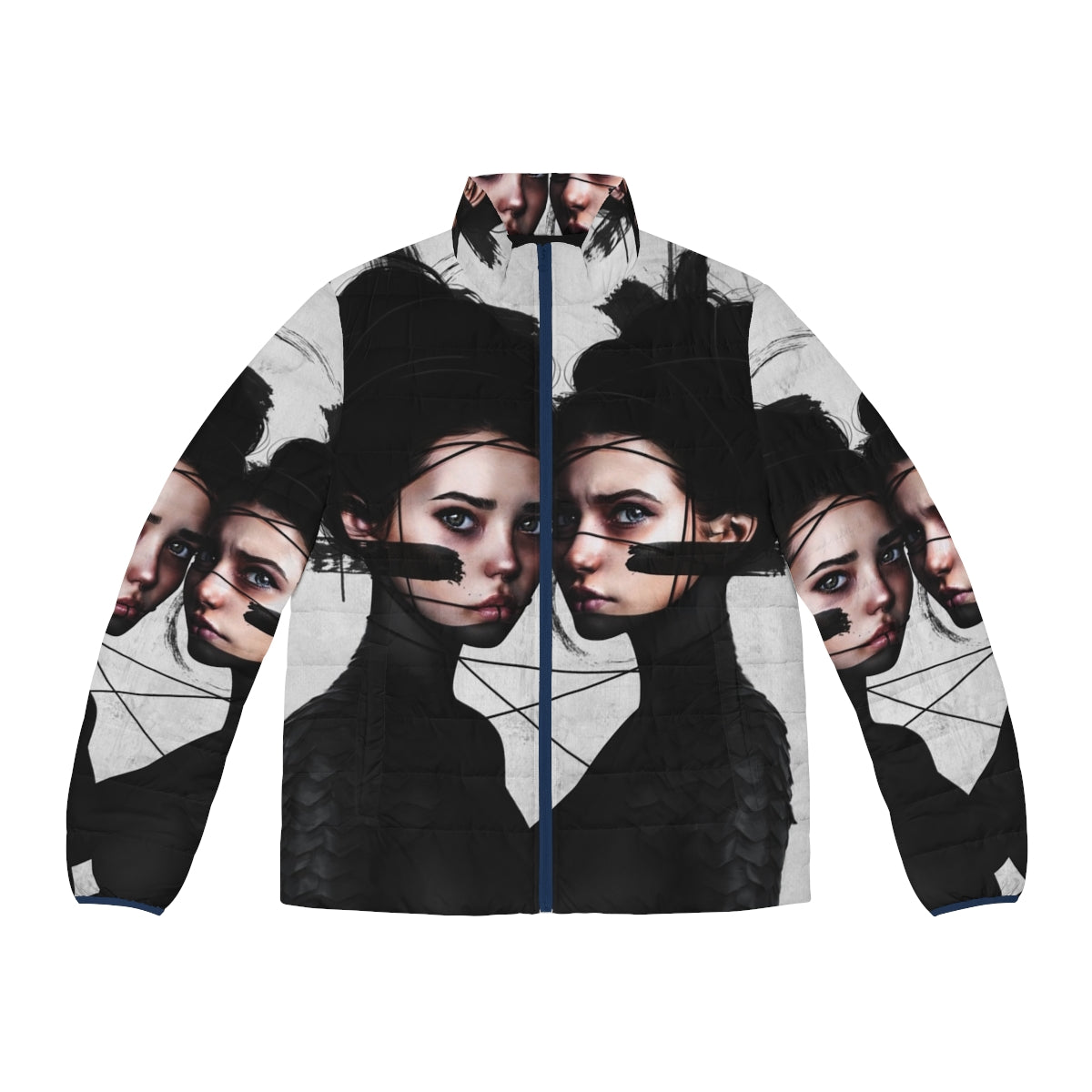 Gemini puffer jacket with portrait, realism, and pop surrealism design