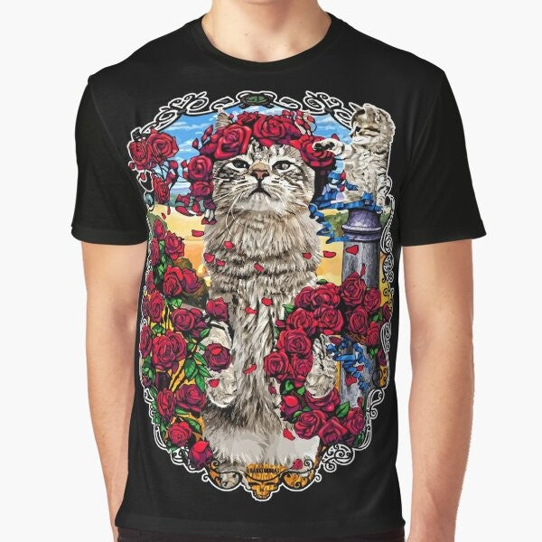 Graphic t-shirt design featuring grateful cats and roses