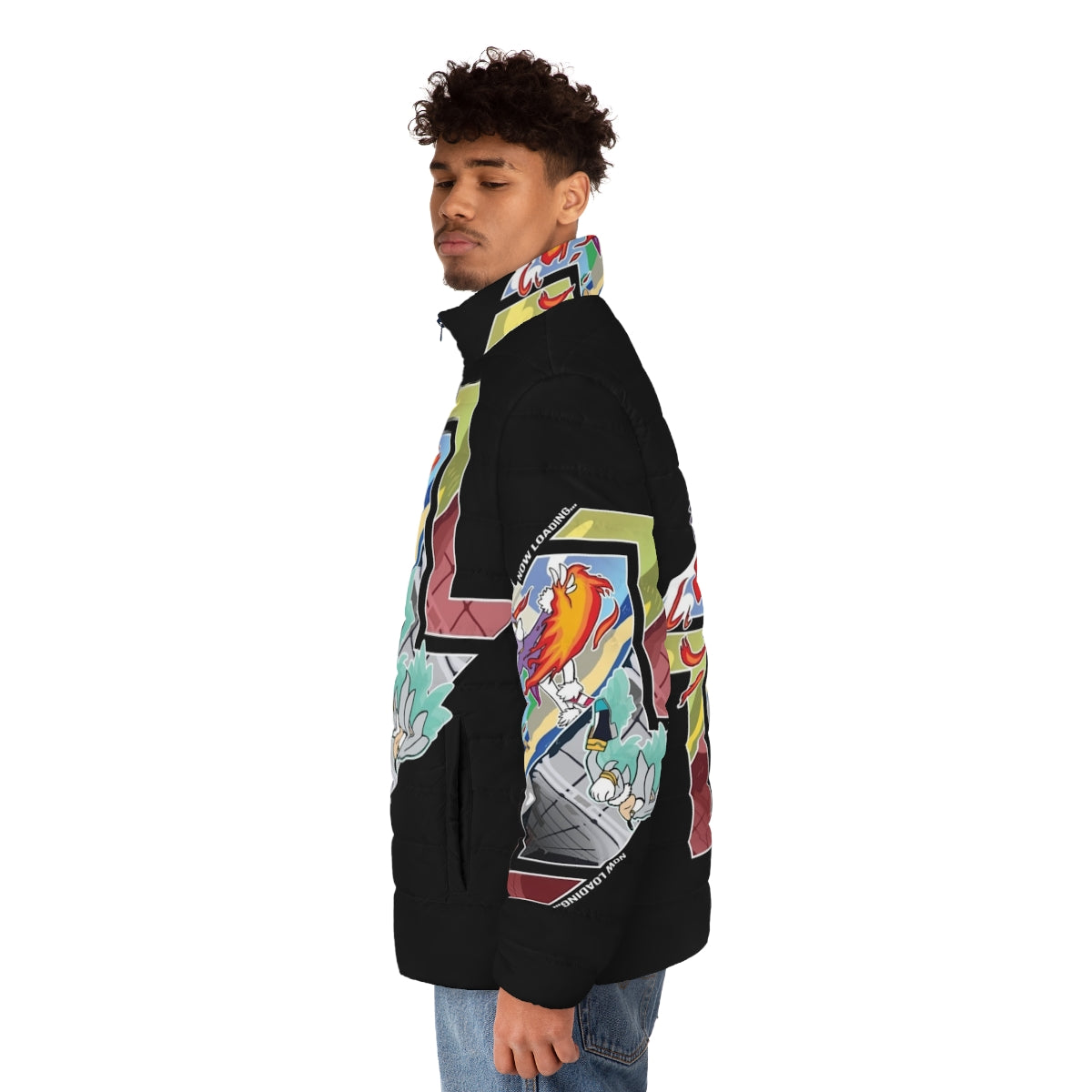 Sonic the Hedgehog themed puffer jacket with gaming and speedrunning inspired design - men side left