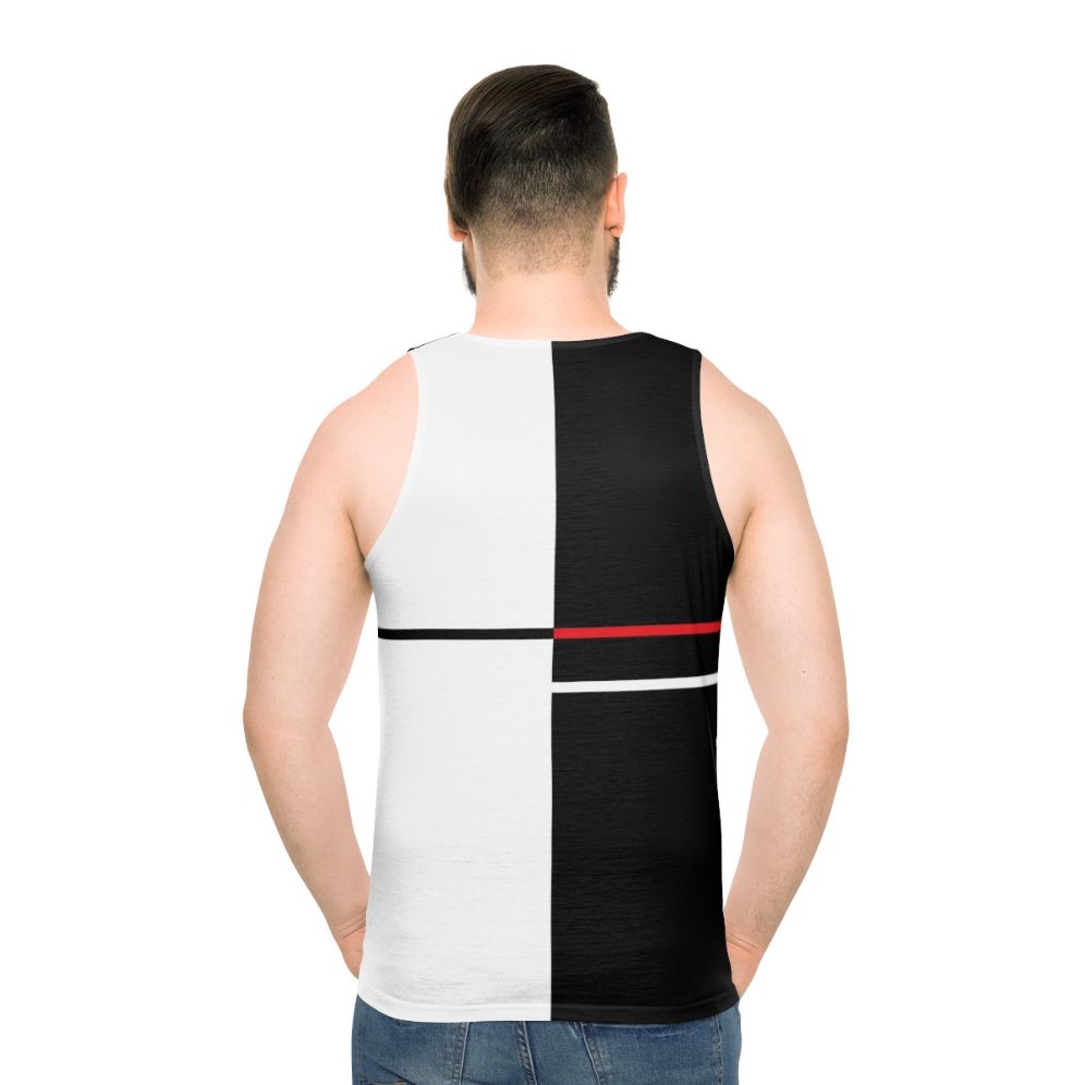 Unisex tank top with minimalist monochrome abstract art design - men back