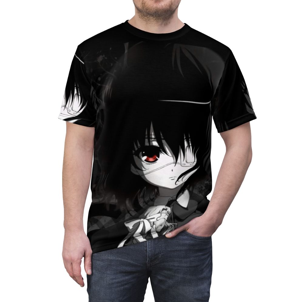 Stylish another aop t-shirt with horror, mystery, anime, and kawaii design - men front