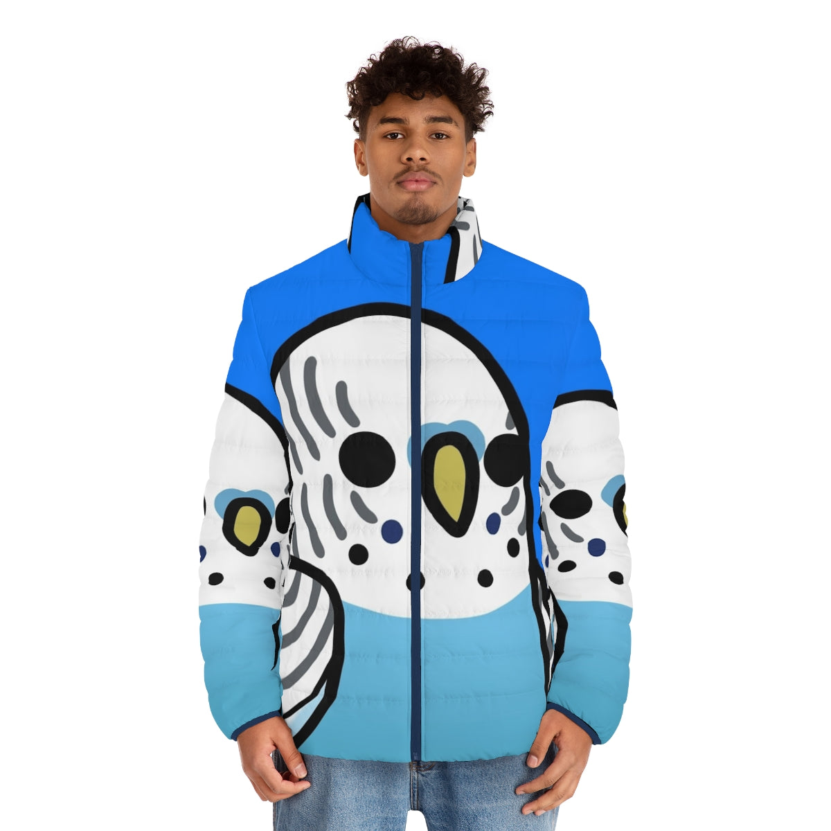 Blue budgie puffer jacket with birds pattern - men front