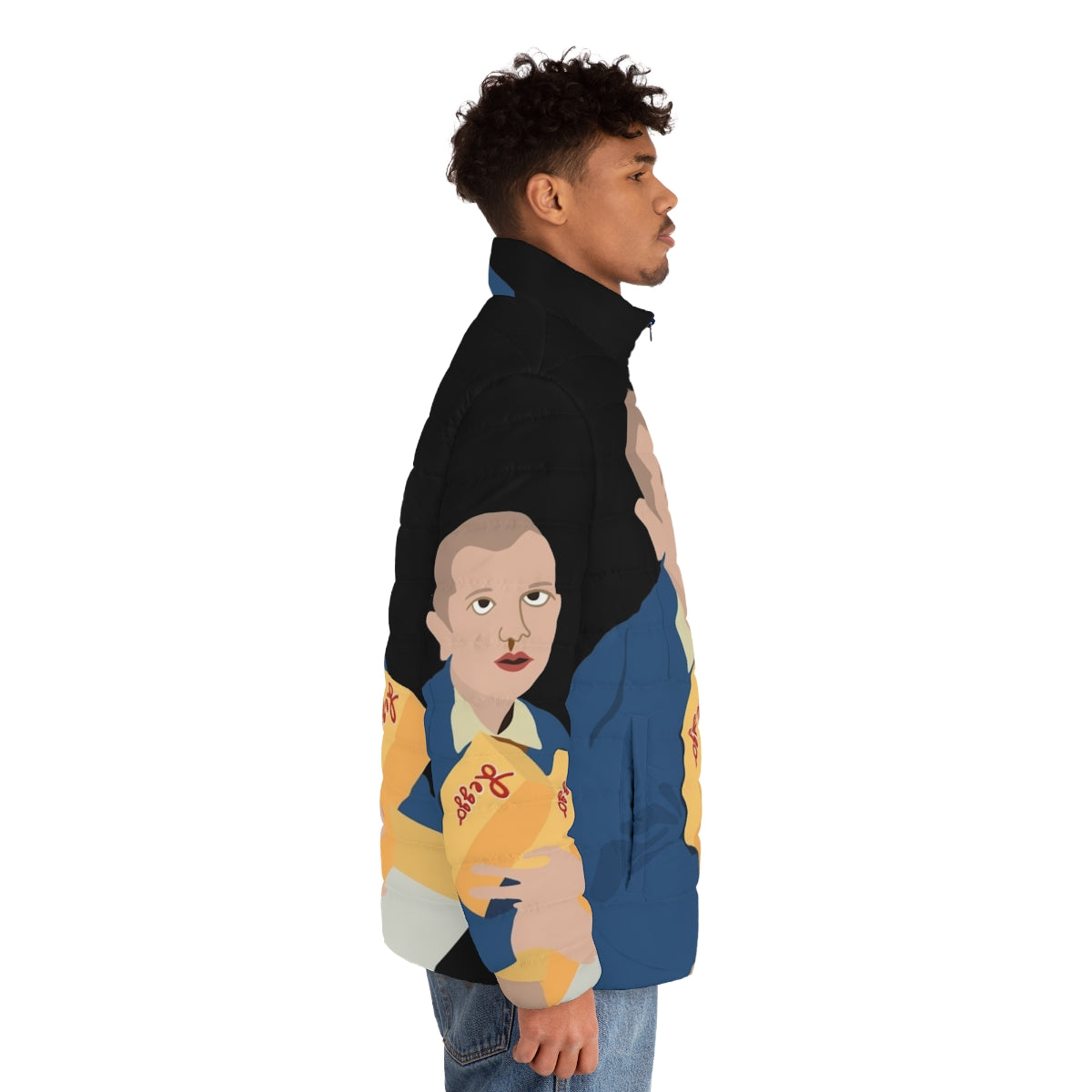 A pink puffer jacket featuring the Stranger Things character Eleven, with fan art design. - men side right