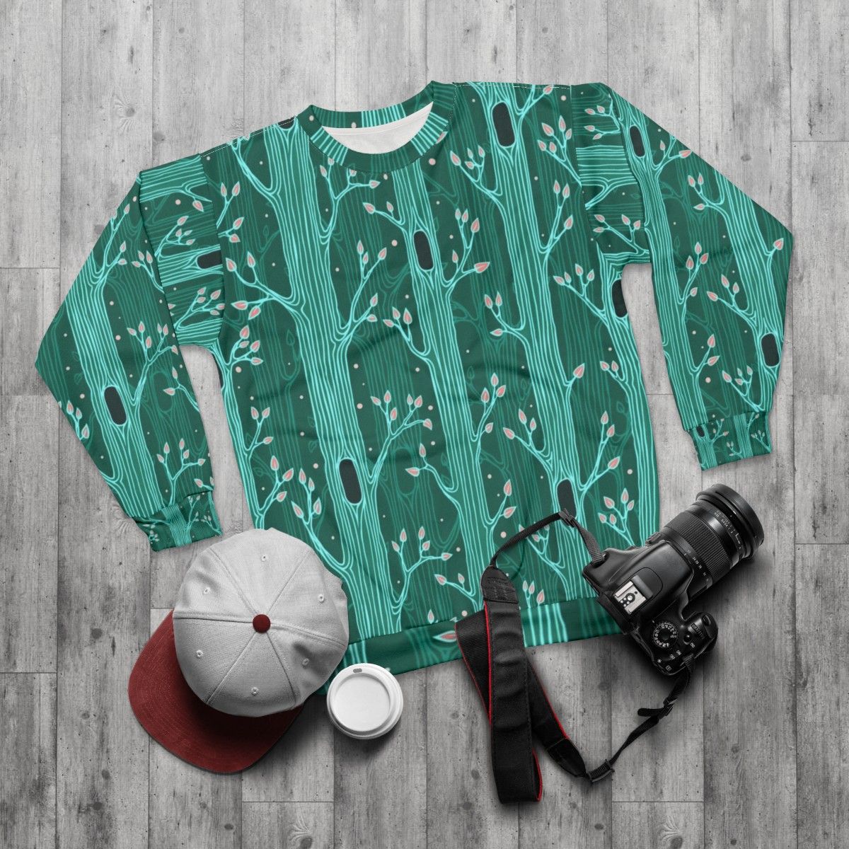 Emerald Forest Seamless Pattern Sweatshirt with Tree Silhouettes - flat lay