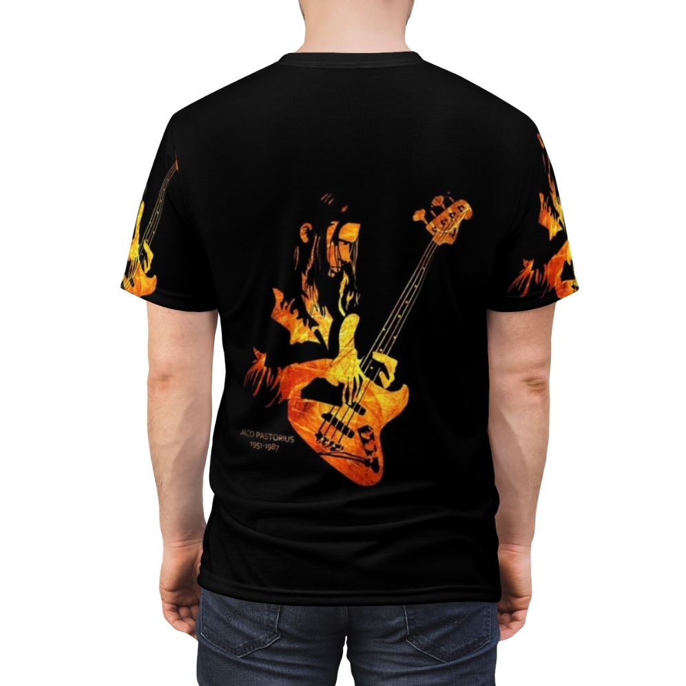 Jaco Pastorius tribute t-shirt featuring a fretless bass, honoring the legendary jazz fusion bassist - men back