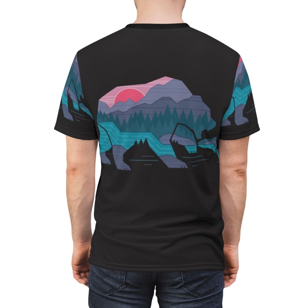 Rugged Bear Country AOP T-Shirt featuring a minimalist graphic design of bears, mountains, and wilderness - men back