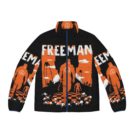 Gordon Freeman's Half Life Puffer Jacket - Vintage Gaming Apparel with Lambda Symbol