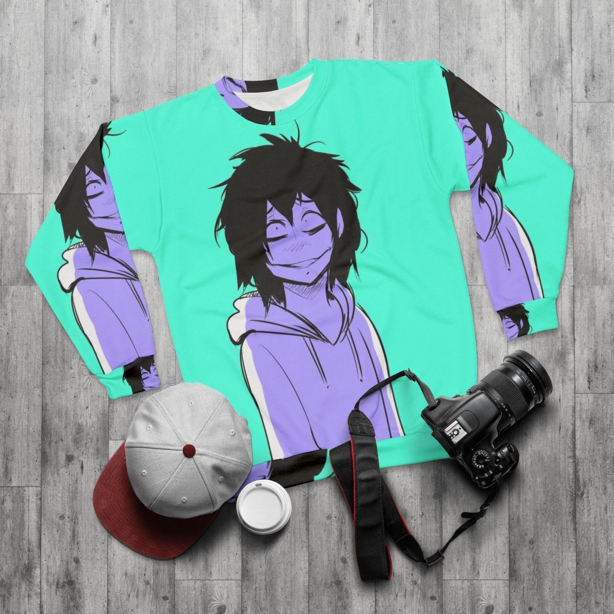 Jeff the Killer inspired sweatshirt with creepy design - flat lay