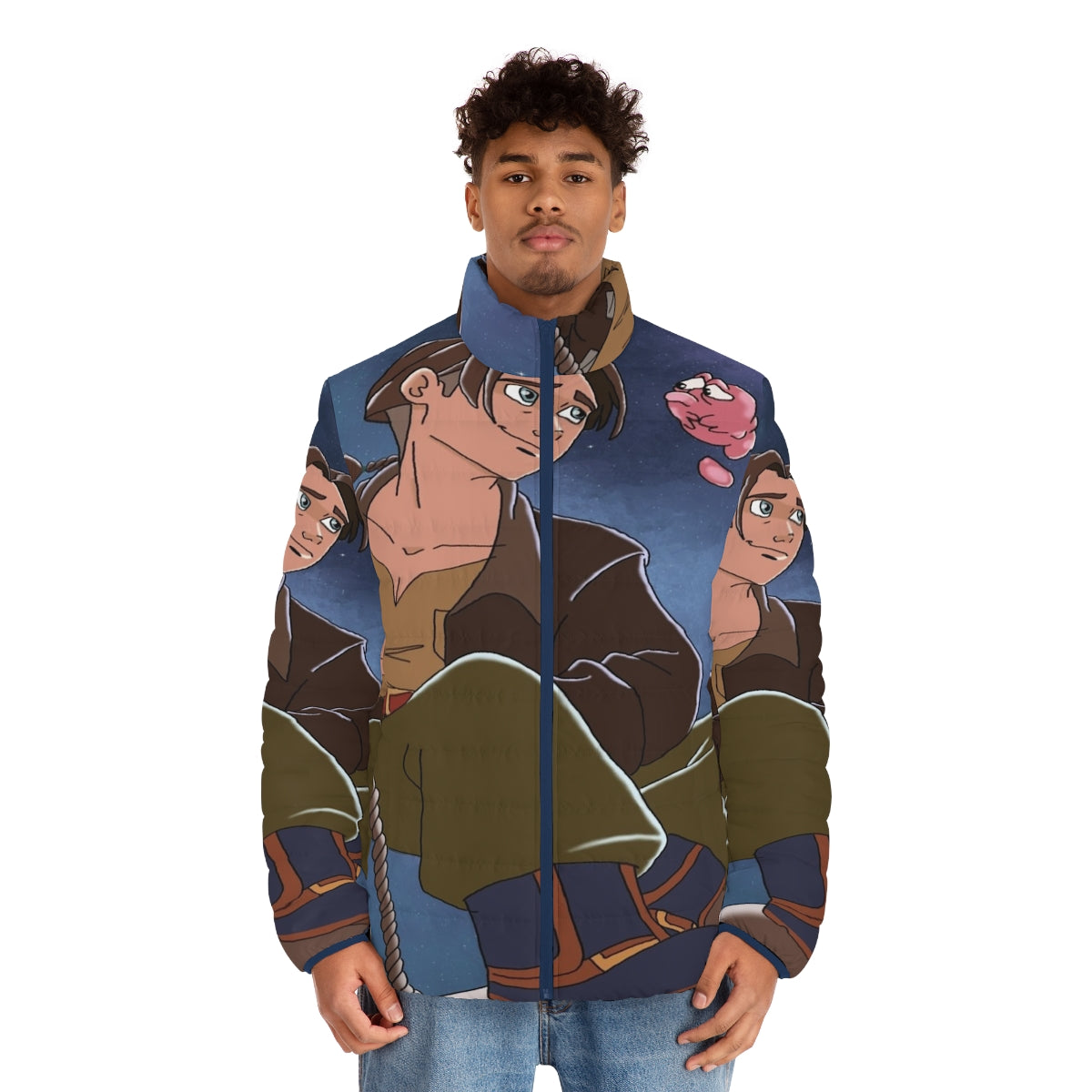 Treasure Planet inspired puffer jacket with space and galaxy graphics - men front